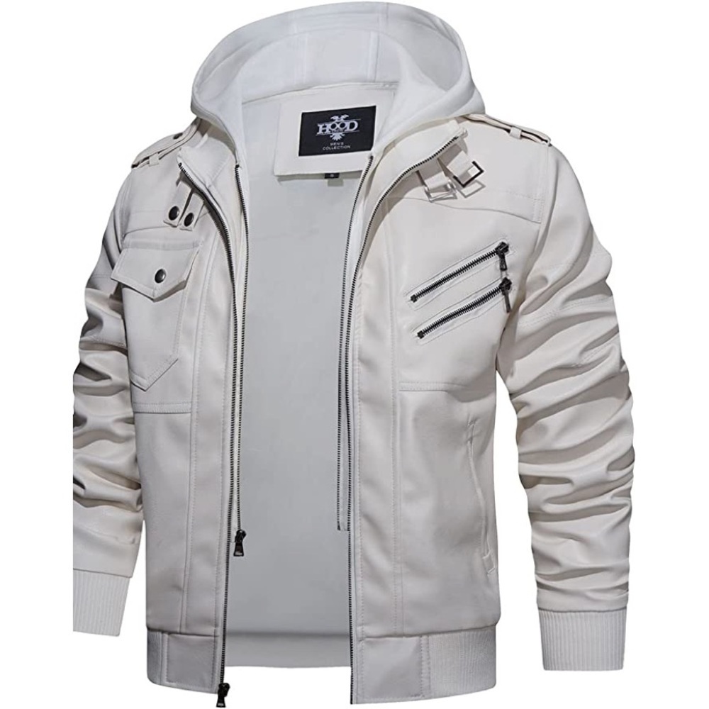 New Men's Removable Hood Vegan Leather Coat
